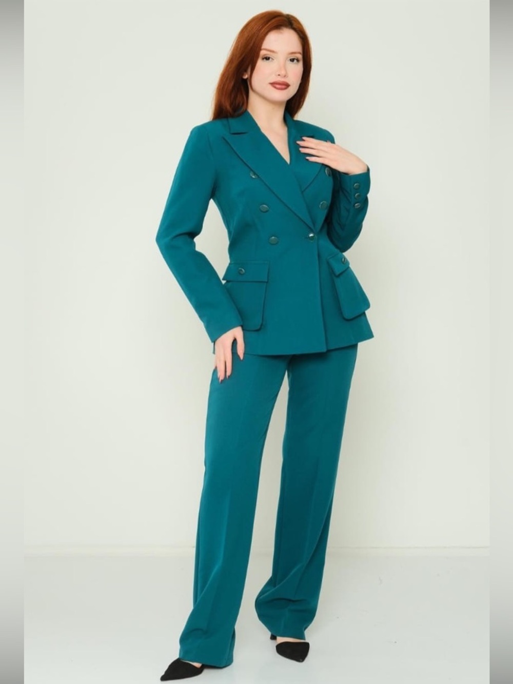 Double-Breasted Teal Women's Pantsuit